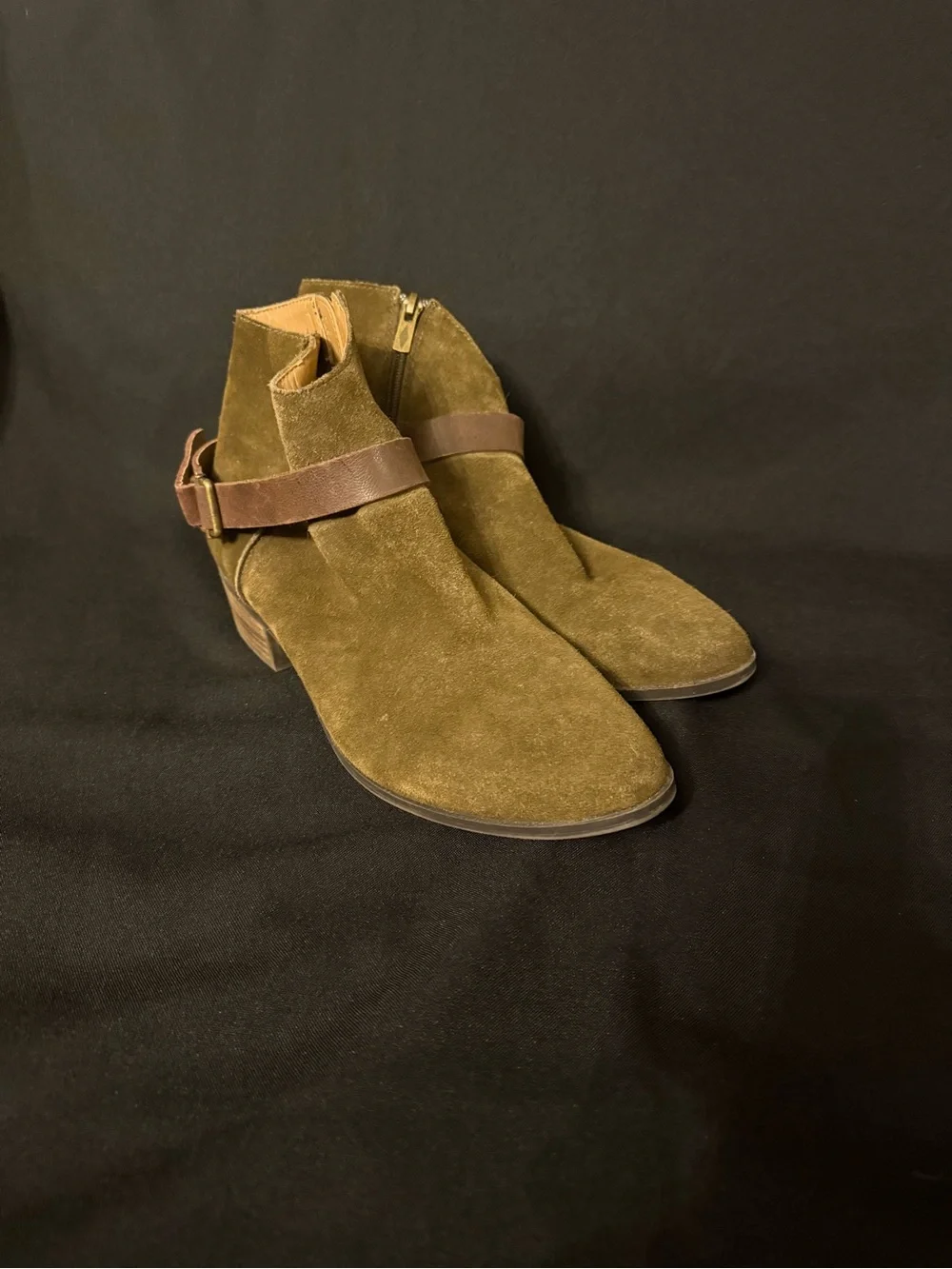 American Rag Brianna Olive Suede Ankle Boots with Brown Strap